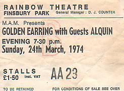 Golden Earring UK tour ticket#AA23 London 24-03-1974